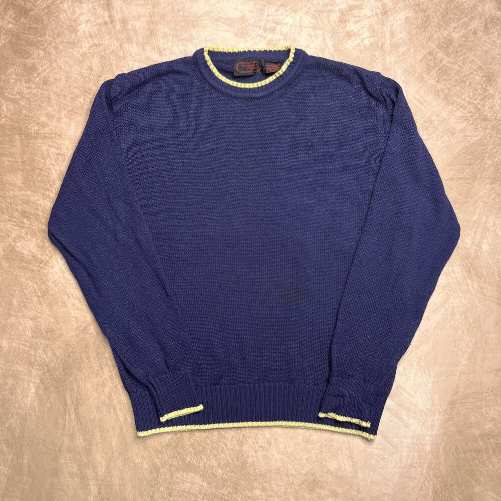 Vintage 70s Exclusive Imports Navy Acrylic Knit Sweater Yellow Trim Academia Mod